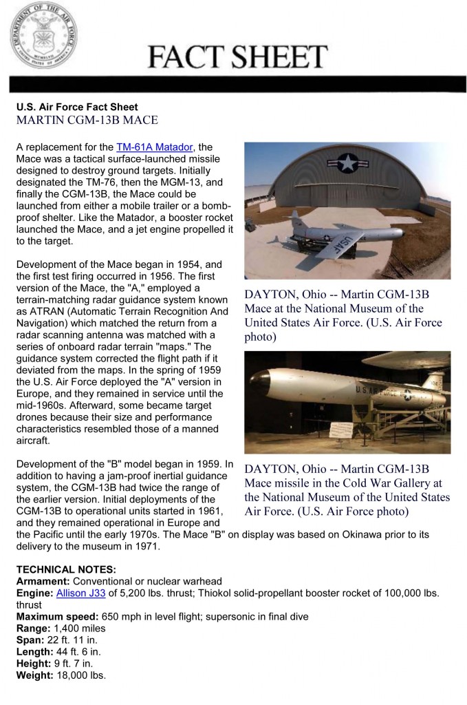 Martin CGM-13B Fact Sheet (Courtesy of the US Museum of the Air Force)