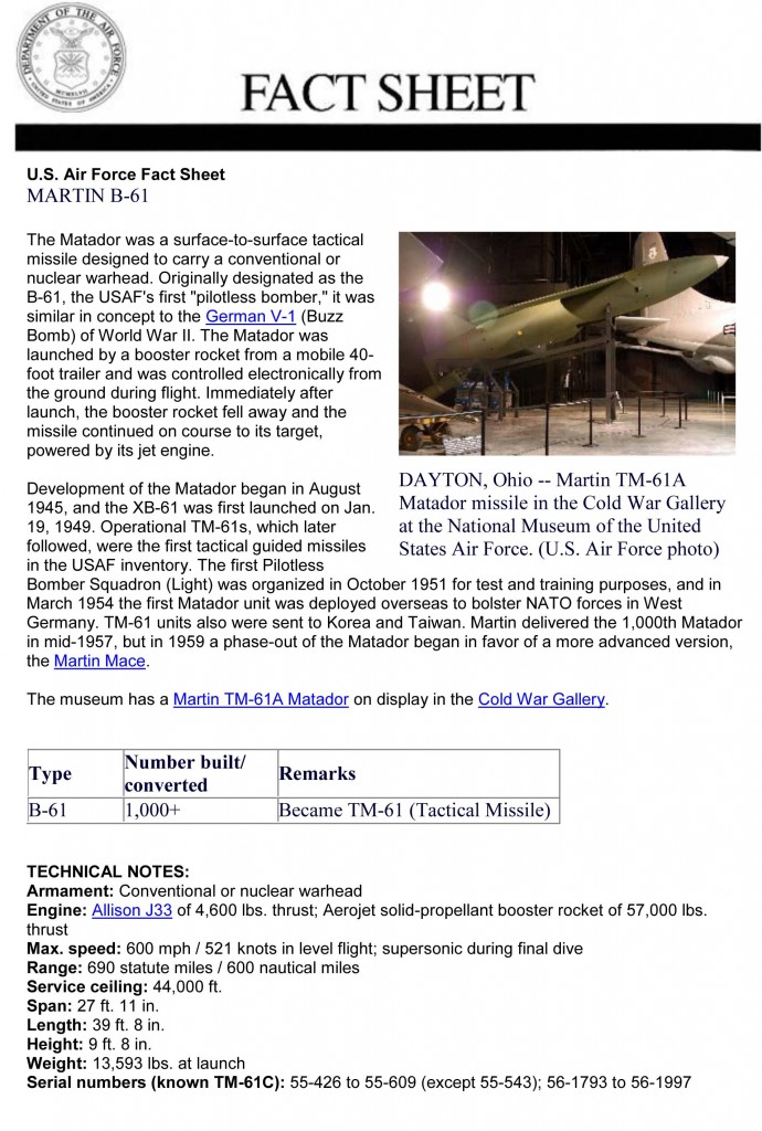 Martin B-61 Fact Sheet (Courtesy of the US Museum of the Air Force)