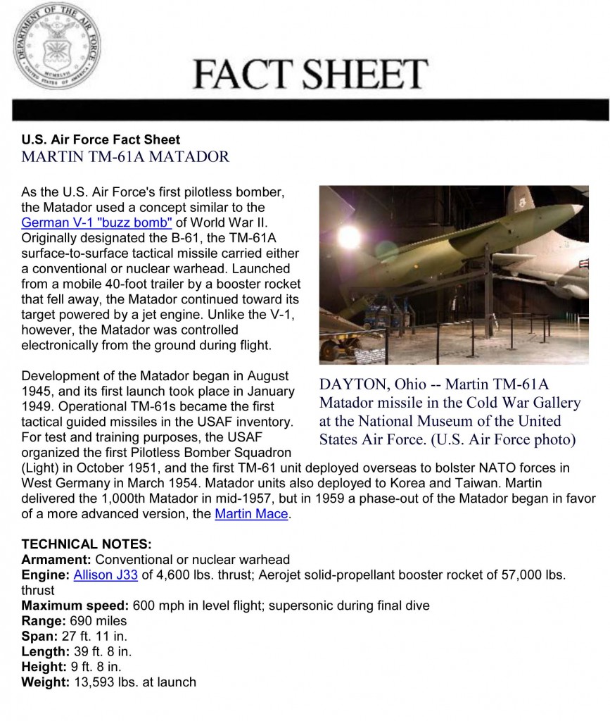 Martin TM-61A Fact Sheet (Courtesy of the US Museum of the Air Force) 